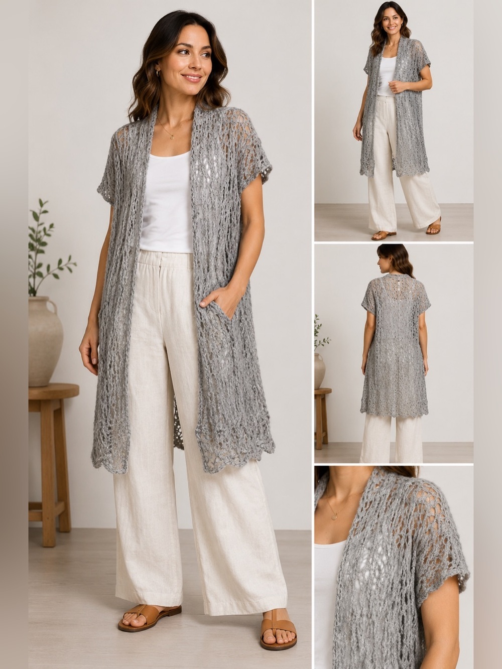 Eileen Fisher Italian Yarn Open Knit Linen Blend Duster Vest XL Gray